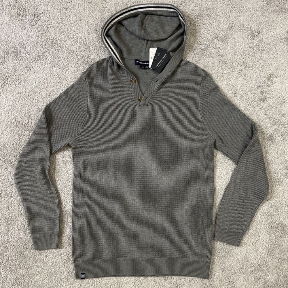 Mizzen Main Sweater Mens Medium Cassady Hoodie Gray Knit Henley Pullover NWT